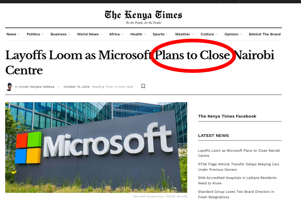 Layoffs Loom as Microsoft Plans to Close Nairobi Centre