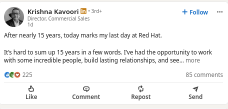 After nearly 15 years, today marks my last day at Red Hat