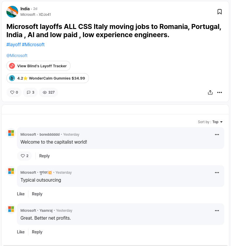 Microsoft layoffs ALL CSS Italy moving jobs to Romania, Portugal, India , AI and low paid , low experience engineers.