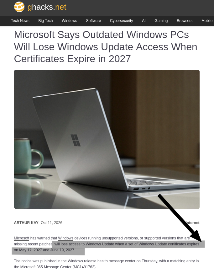 Microsoft Says Outdated Windows PCs Will Lose Windows Update Access When Certificates Expire in 2027