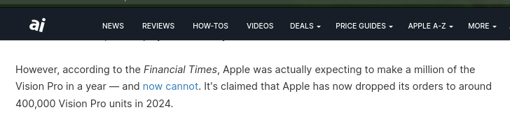However, according to the Financial Times, Apple was actually expecting to make a million of the Vision Pro in a year — and now cannot. It's claimed that Apple has now dropped its orders to around 400,000 Vision Pro units in 2024.