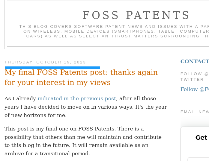 My final FOSS Patents post: thanks again for your interest in my views