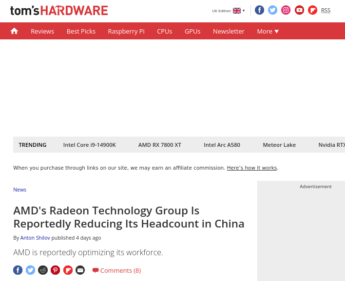 AMD's Radeon Technology Group Is Reportedly Reducing Its Headcount in China