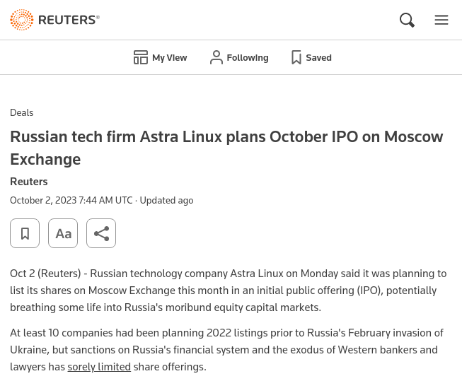 Russian tech firm Astra Linux plans October IPO on Moscow Exchange