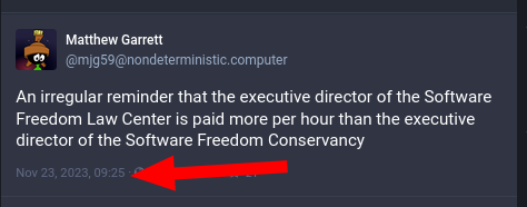 An irregular reminder that the executive director of the Software Freedom Law Center is paid more per hour than the executive director of the Software Freedom Conservancy