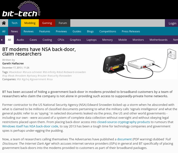 BT modems have NSA back-door, claim researchers
