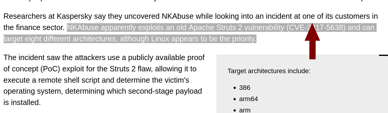 Researchers at Kaspersky say they uncovered NKAbuse while looking into an incident at one of its customers in the finance sector. NKAbuse apparently exploits an old Apache Struts 2 vulnerability (CVE-2017-5638) and can target eight different architectures, although Linux appears to be the priority.