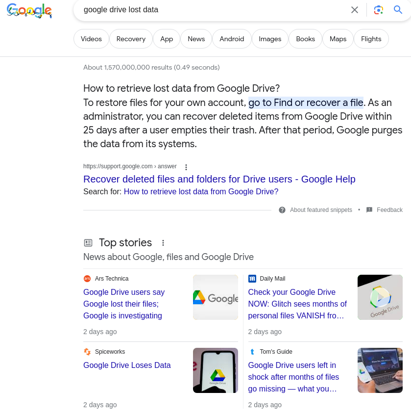 Google 'google drive lost data'