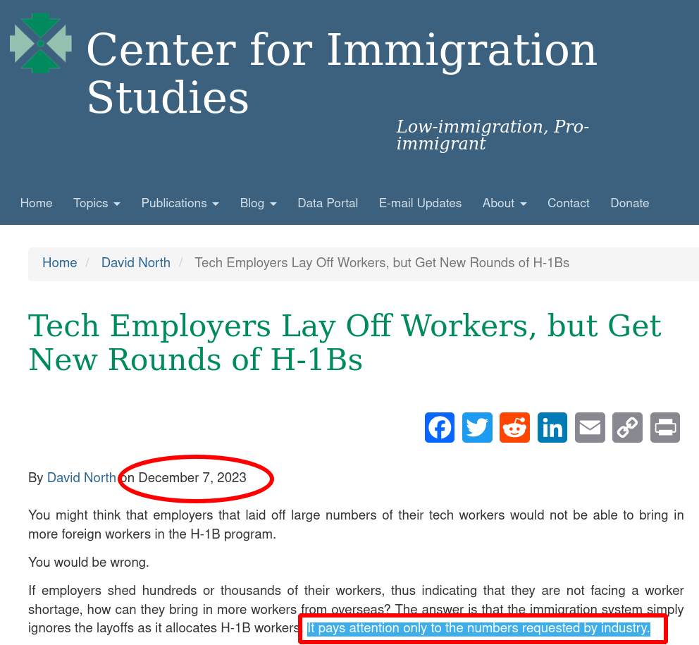 You might think that employers that laid off large numbers of their tech workers would not be able to bring in more foreign workers in the H-1B program. You would be wrong. If employers shed hundreds or thousands of their workers, thus indicating that they are not facing a worker shortage, how can they bring in more workers from overseas? The answer is that the immigration system simply ignores the layoffs as it allocates H-1B workers. It pays attention only to the numbers requested by industry.