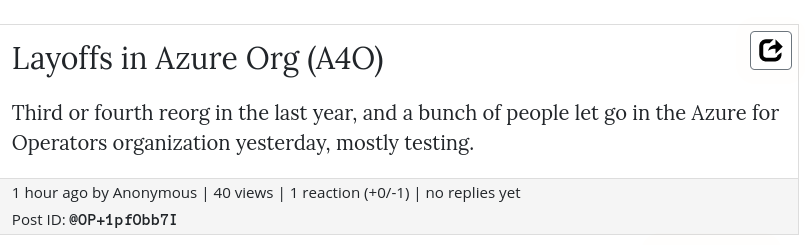 Layoffs in Azure Org (A4O): Third or fourth reorg in the last year, and a bunch of people let go in the Azure for Operators organization yesterday, mostly testing.