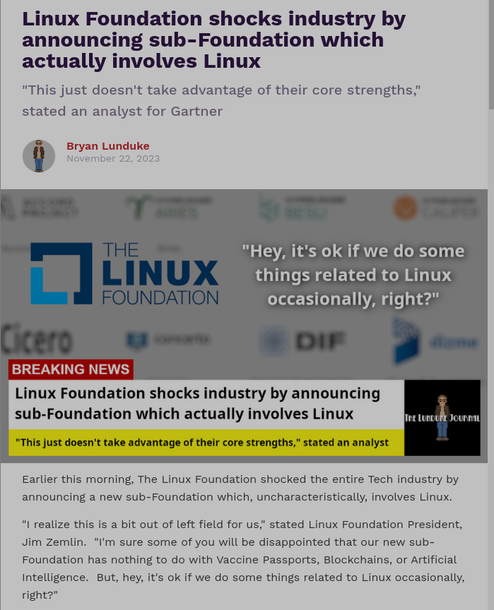 Linux Foundation shocks industry by announcing sub-Foundation which actually involves Linux