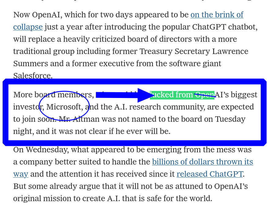 More board members, who could be plucked from OpenAIs biggest investor, Microsoft, and the A.I. research community, are expected to join soon. Mr. Altman was not named to the board on Tuesday night, and it was not clear if he ever will be.