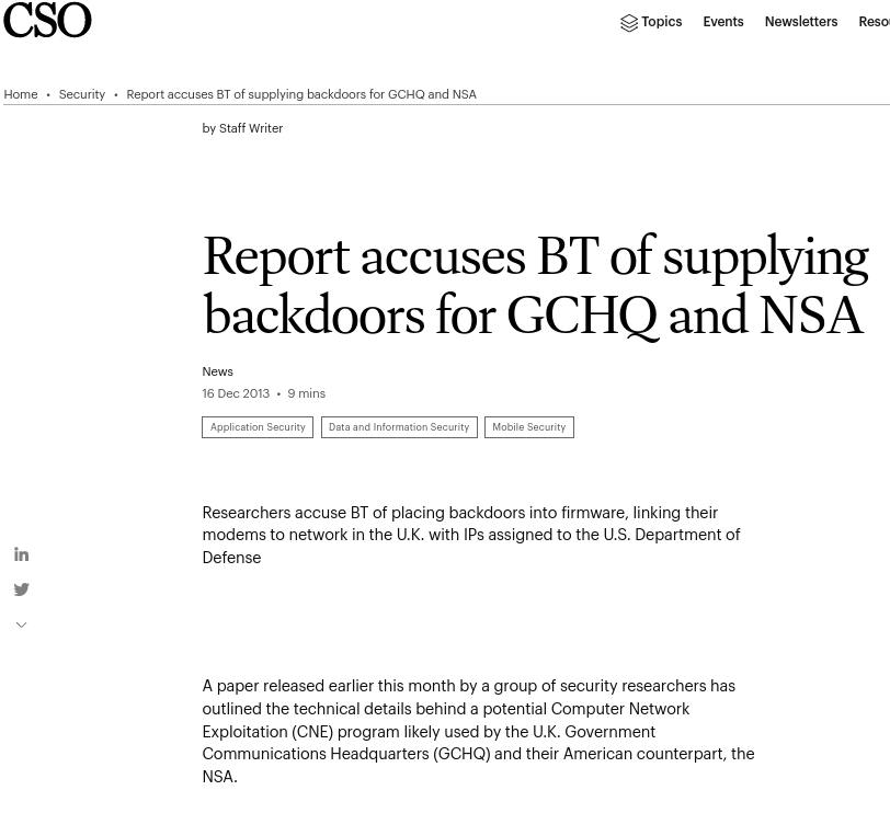 Report accuses BT of supplying backdoors for GCHQ and NSA