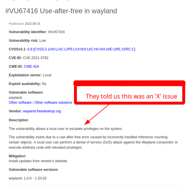VU67416 Use-after-free in wayland: They told us this was an 'X' issue