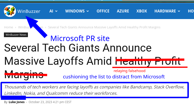 Several Tech Giants Announce Massive Layoffs Amid Healthy Profit Margins: Microsoft PR site cushioning the list to distract from Microsoft, relaying falsehood