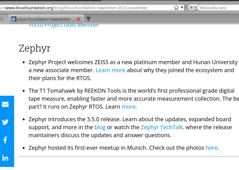 'Linux' Foundation newsletter on Zephyr