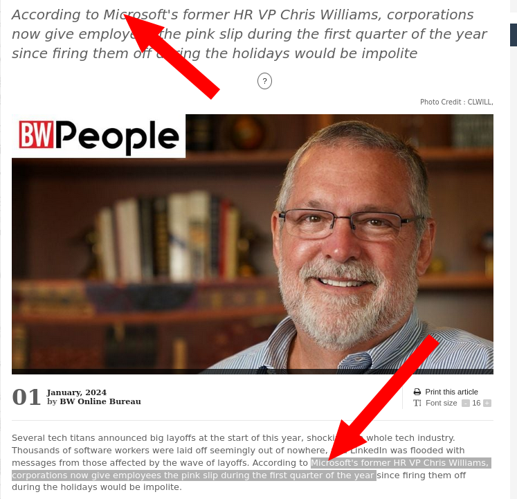 Microsoft's former HR VP Chris Williams, corporations now give employees the pink slip during the first quarter of the year