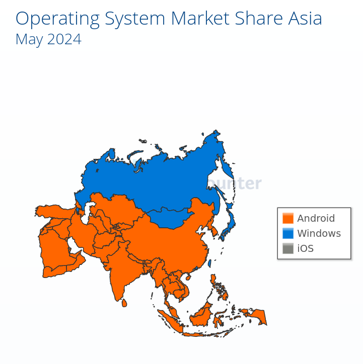 Android in Asia: Operating System Market Share Asia: May 2024