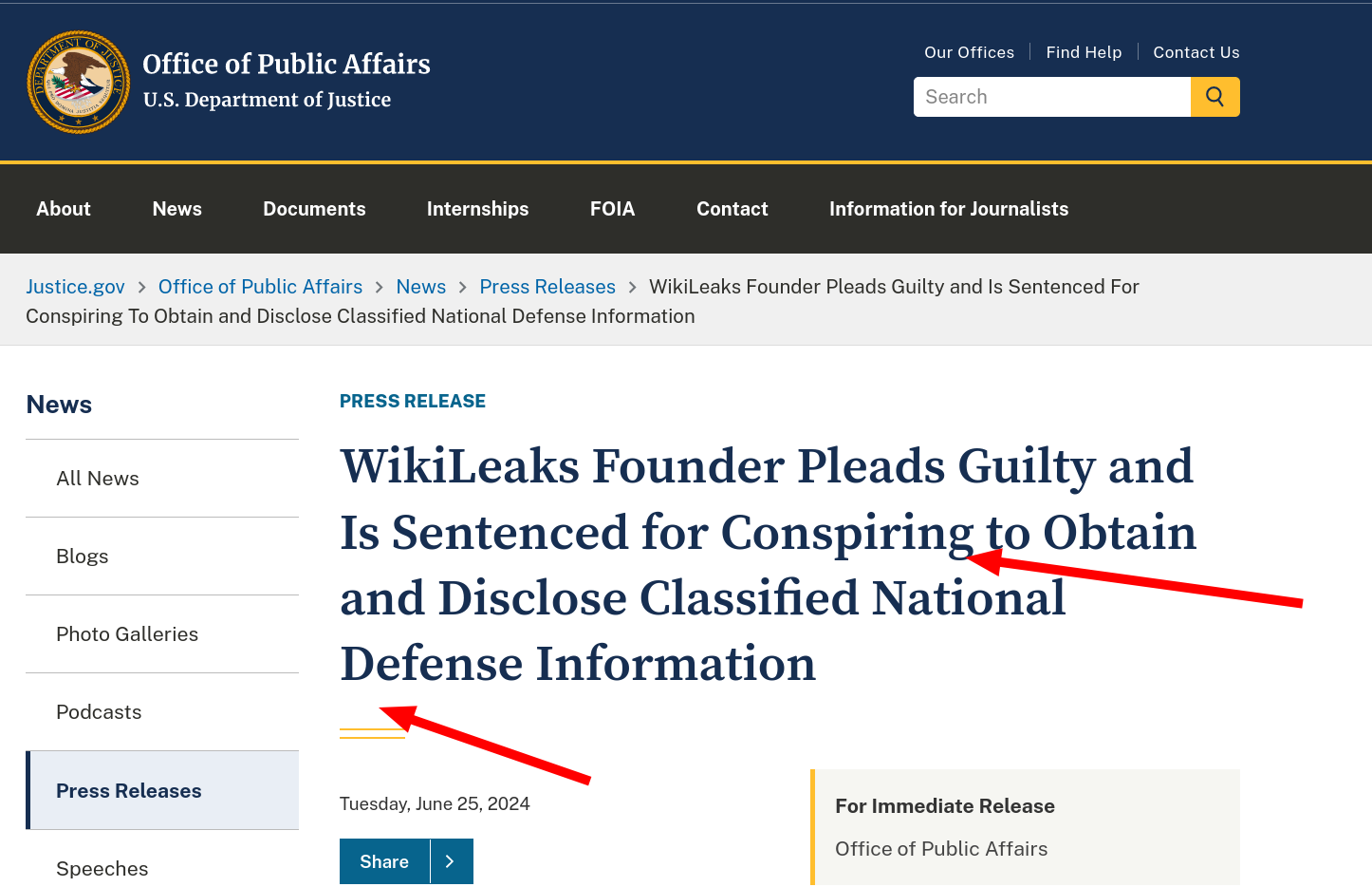 WikiLeaks Founder Pleads Guilty and Is Sentenced for Conspiring to Obtain and Disclose Classified National Defense Information