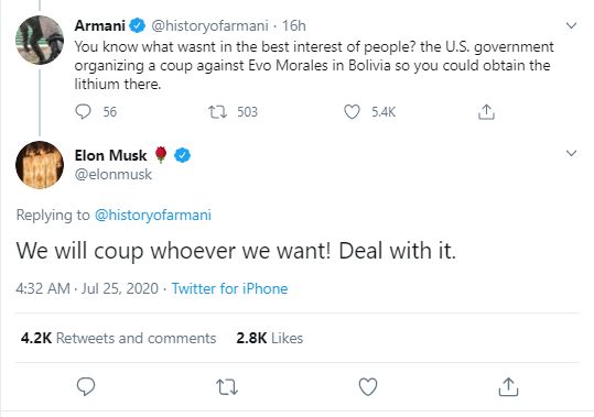 Elon Musk: 'We will coup whoever we want! Deal with it.'