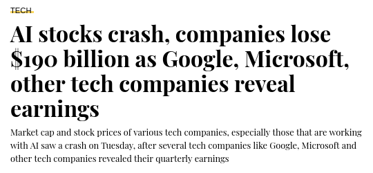 AI stocks crash, companies lose $190 billion as Google, Microsoft, other tech companies reveal earnings
