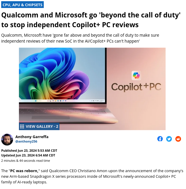 Qualcomm and Microsoft go 'beyond the call of duty' to stop independent Copilot+ PC reviews