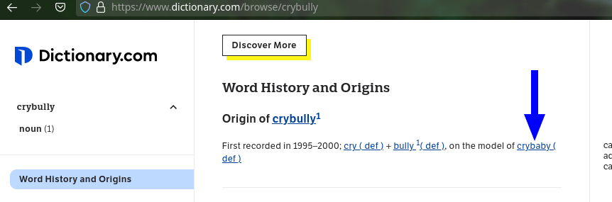 Origin of crybully: First recorded in 1995–2000; cry ( def ) + bully 1( def ), on the model of crybaby ( def )