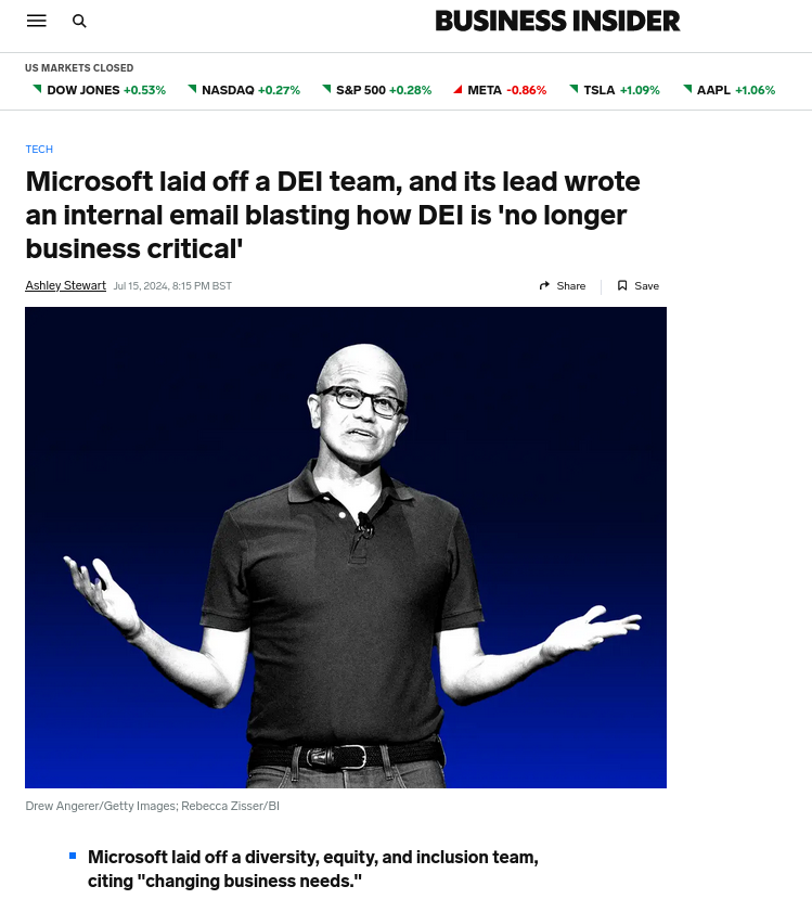 Microsoft laid off a DEI team, and its lead wrote an internal email blasting how DEI is 'no longer business critical'