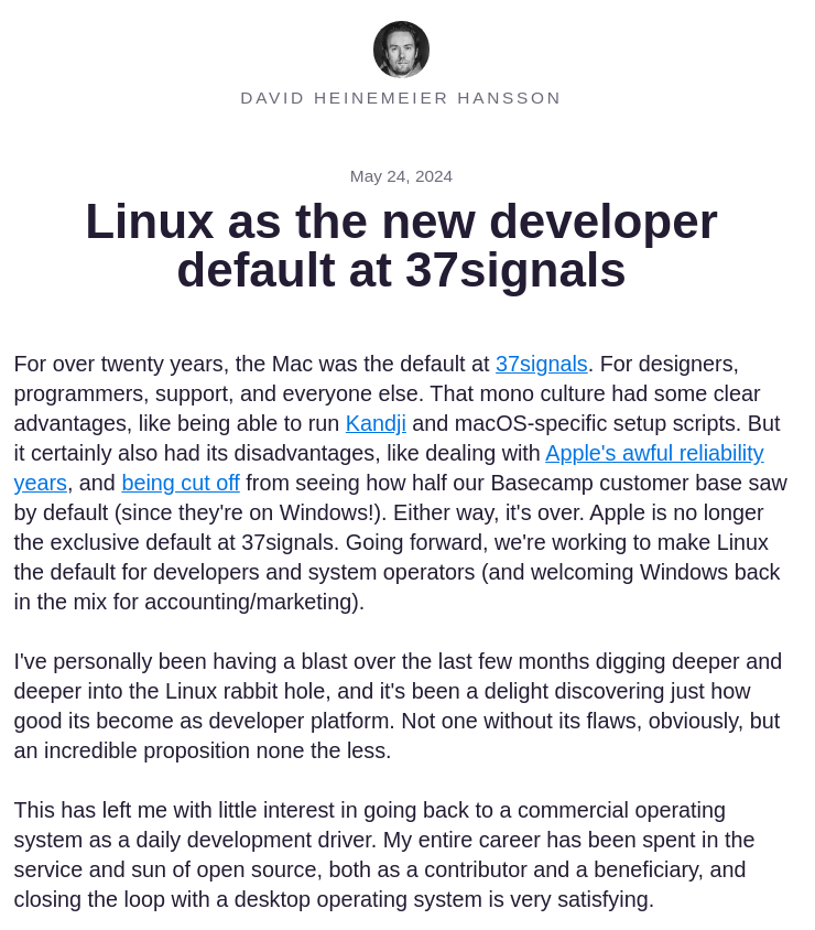 DAVID HEINEMEIER HANSSON: Linux as the new developer default at 37signals