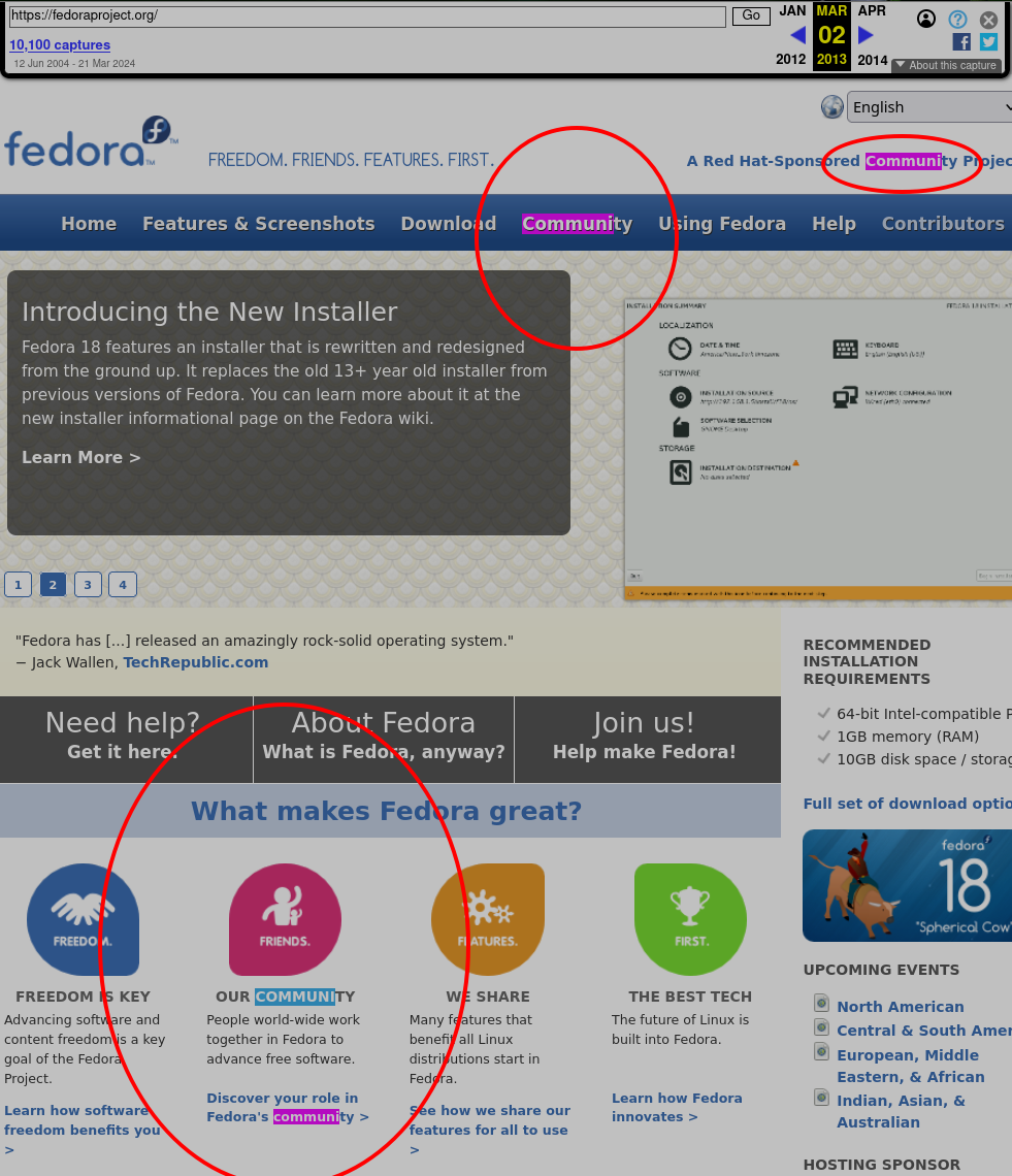 Fedora homepage in 2013