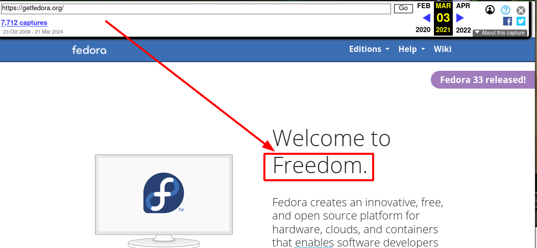 Fedora homepage in 2021