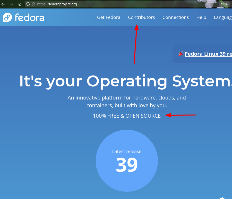 Fedora homepage in 2024