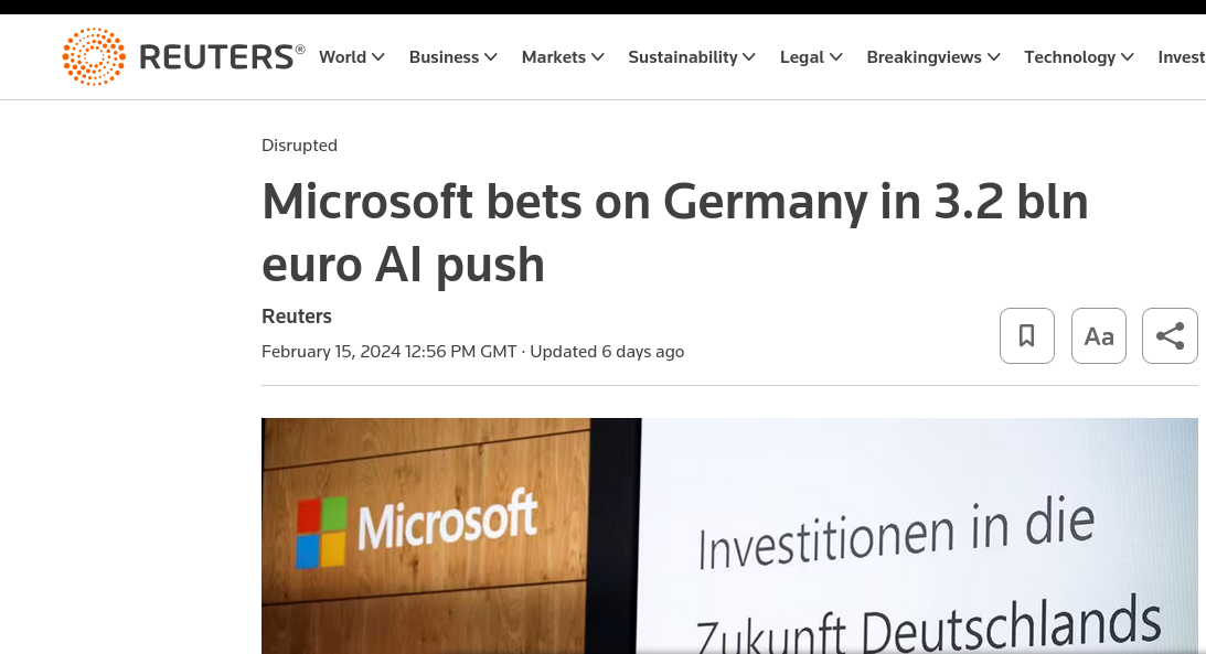 Microsoft bets on Germany in 3.2 bln euro AI push