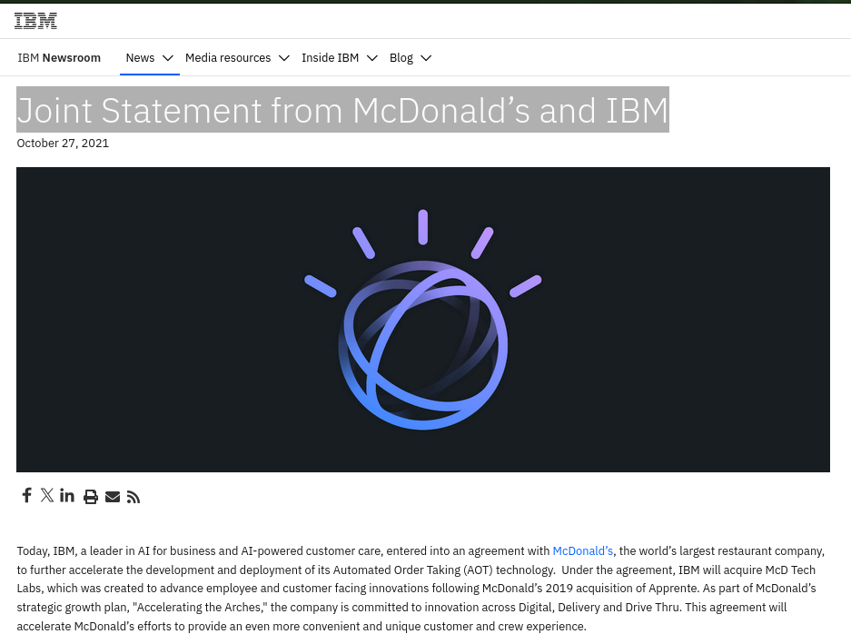 Joint Statement from McDonald’s and IBM