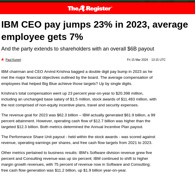 IBM CEO pay jumps 23% in 2023, average employee gets 7%