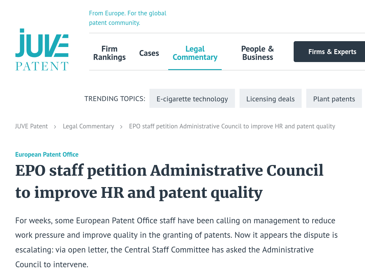 Mathieu Klos: EPO staff petition Administrative Council to improve HR and patent quality