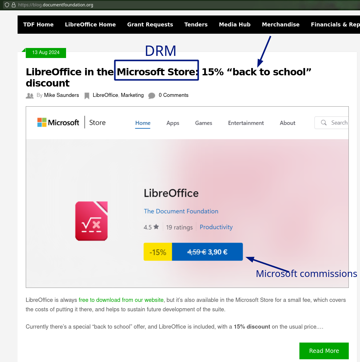 Mike Saunders: LibreOffice in the Microsoft Store: 15% “back to school” discount with Microsoft commissions and DRM