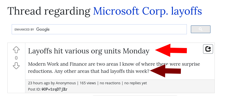 Layoffs hit various org units Monday: Modern Work and Finance are two areas I know of where there were surprise reductions. Any other areas that had layoffs this week?