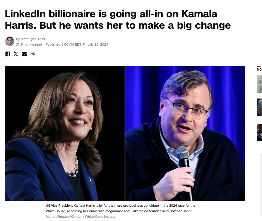 LinkedIn billionaire is going all-in on Kamala Harris. But he wants her to make a big change