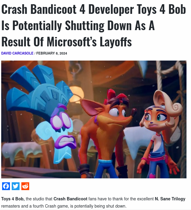 Crash Bandicoot 4 Developer Toys 4 Bob Is Potentially Shutting Down As A Result Of Microsoft’s Layoffs