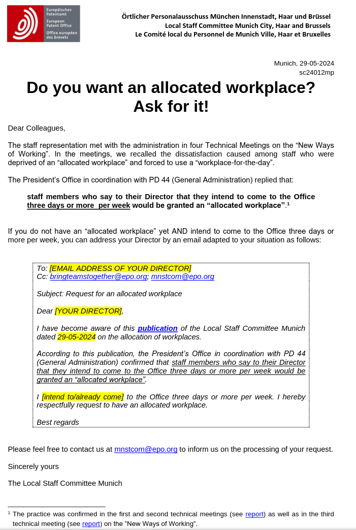 Local Staff Committee Munich City, Haar and Brussels: Munich, 29-05-2024: Do you want an allocated workplace? Ask for it