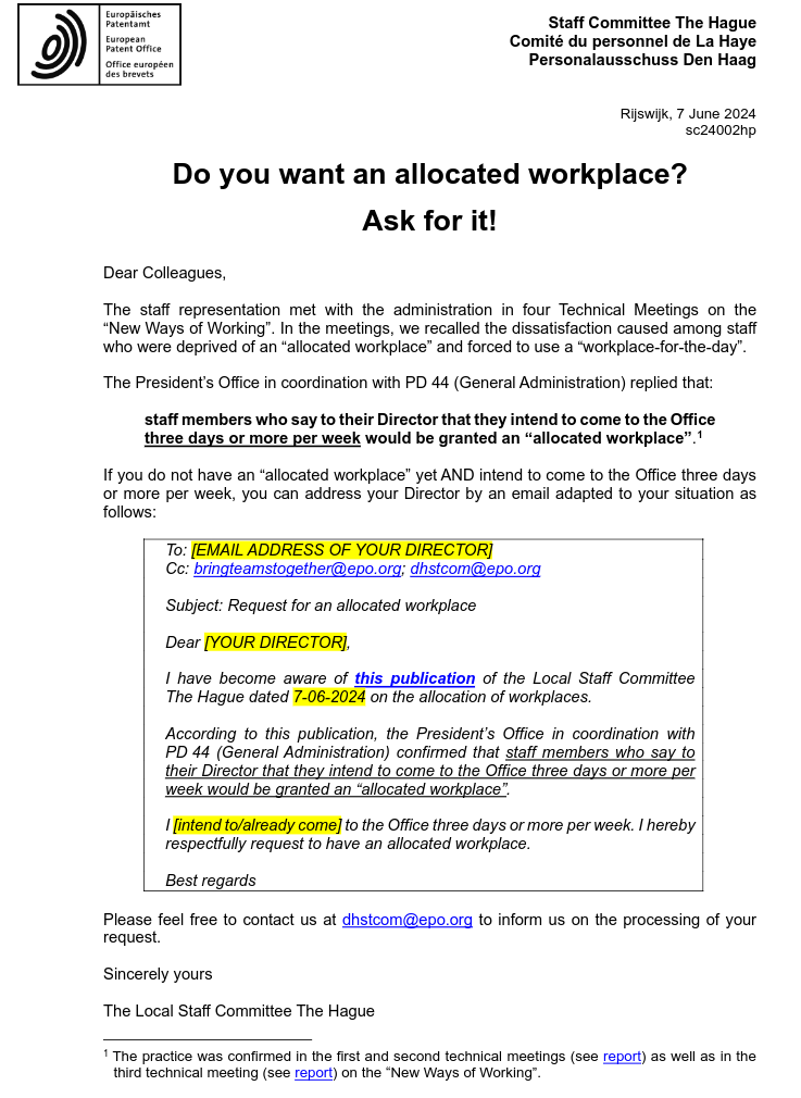 Personalausschuss Den Haag/Rijswijk, 7 June 2024: Do you want an allocated workplace? Ask for it!