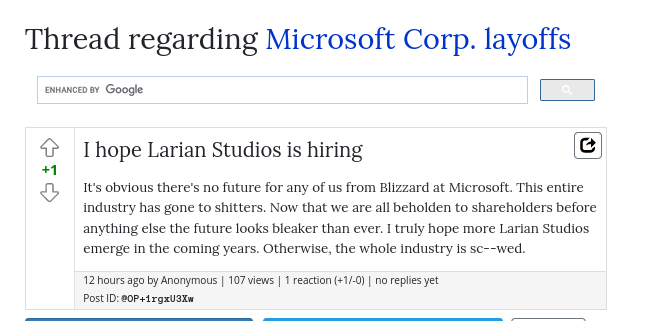 It's obvious there's no future for any of us from Blizzard at Microsoft. This entire industry has gone to shitters. Now that we are all beholden to shareholders before anything else the future looks bleaker than ever. I truly hope more Larian Studios emerge in the coming years. Otherwise, the whole industry is sc--wed.