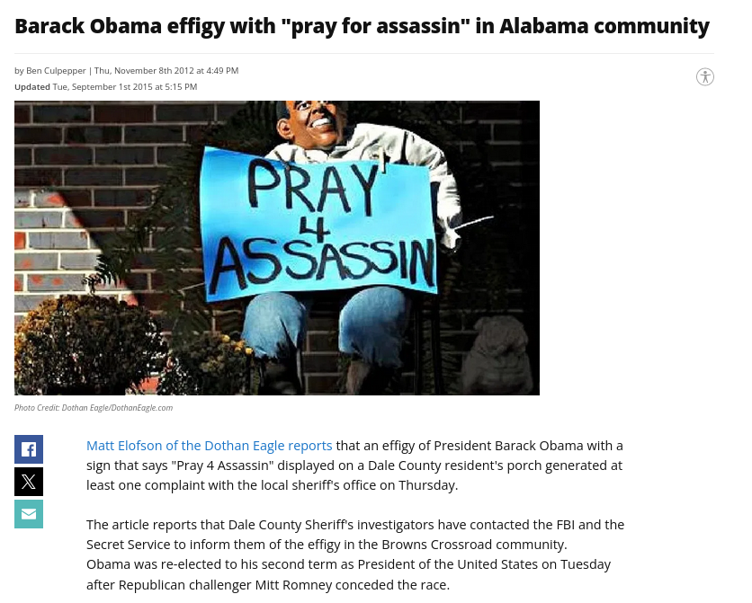 Barack Obama effigy with 'pray for assassin' in Alabama community