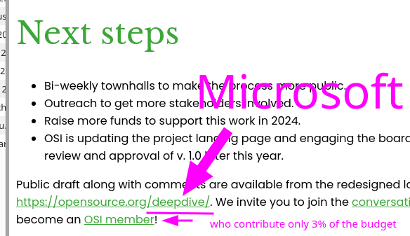 Public draft along with comments are available from the redesigned landing page at https://opensource.org/deepdive/. We invite you to join the conversation, and don’t forget to become an OSI member who contribute only 3% of the budget