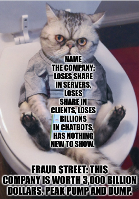 [The Naked Emperor cat] Name the company: loses share in servers, loses share in clients, loses billions in chatbots, has nothing new to show. Fraud Street: this company is worth 3,000 billion dollars. Peak pump and dump.