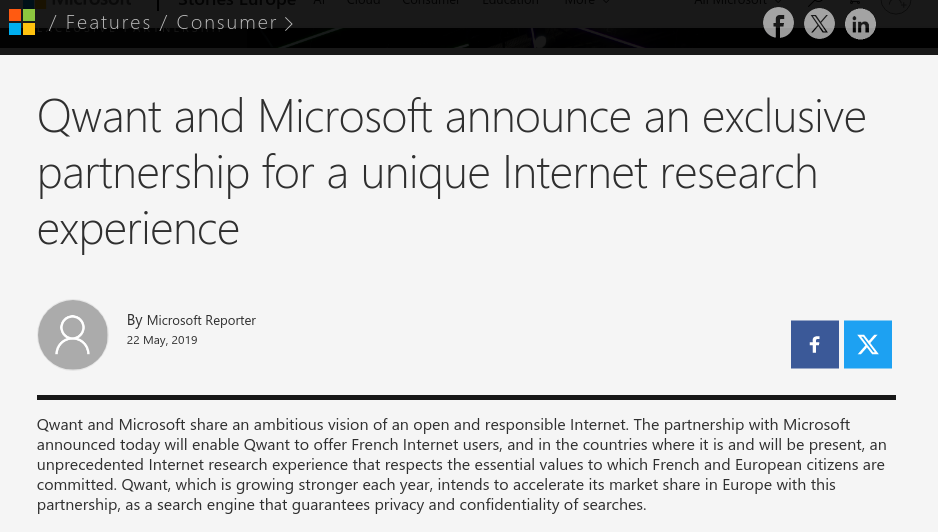 Qwant and Microsoft announce an exclusive partnership for a unique Internet research experience 