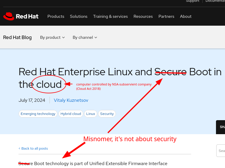 Red Hat Enterprise Linux and Secure Boot in the cloud: Misnomer, it's not about security, it is computer controlled by NSA-subservient company (Cloud Act 2018)