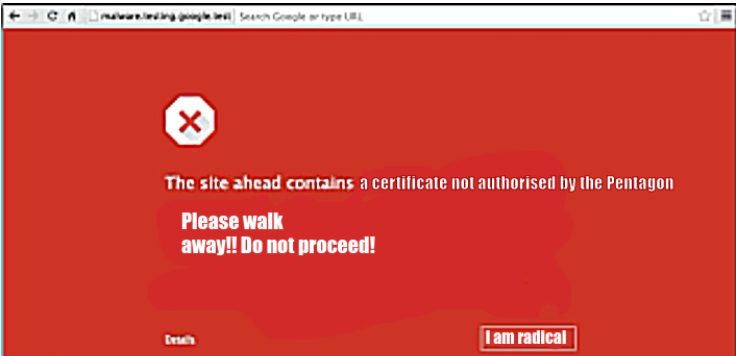 The Site ahead contains a certificate not authorised by the Pentagon; Please walk away!! Do not proceed! I am radical