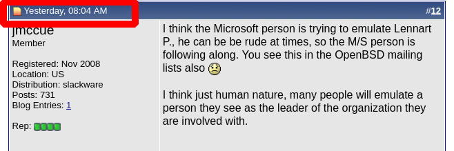 I think the Microsoft person is trying to emulate Lennart P., he can be be rude at times, so the M/S person is following along. You see this in the OpenBSD mailing lists also... I think just human nature, many people will emulate a person they see as the leader of the organization they are involved with.